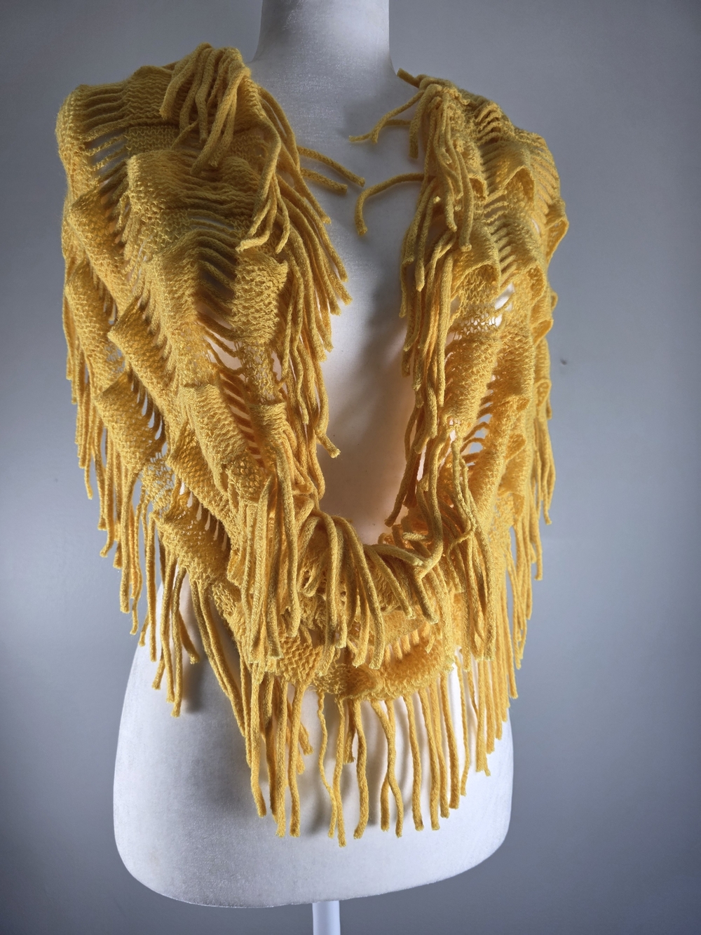 Mustard Yellow Open Knit Fringe Scarf Shawl Wrap Boho Women’s